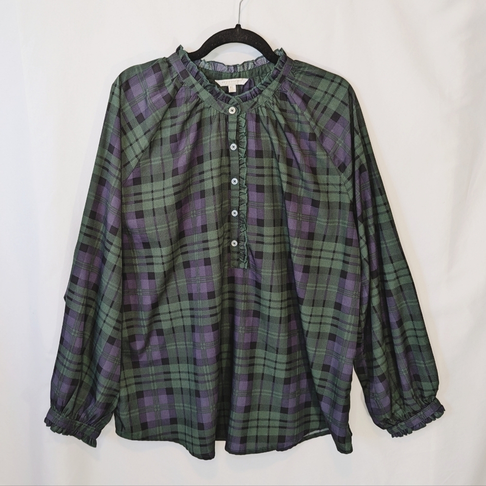Simply Southern Plaid Ruffle Neck Blouse, Navy Green, Women's XL